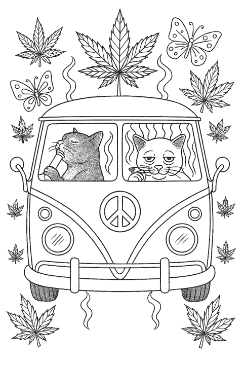 stoner, marijuana, 420, cats, adult, colouring, coloring, printable, funny, leaf, weed, hippy, hippie, van, 